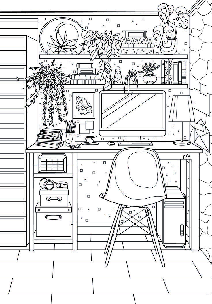 Coloring page home office interior detailed coloring pages coloring book art coloring books