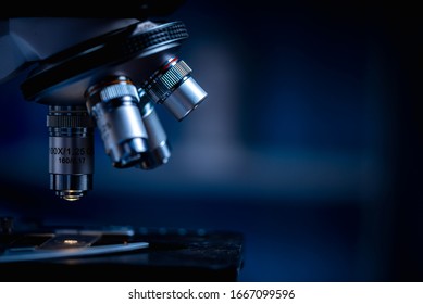 Closeup scientific microscope data analysis laboratory stock photo