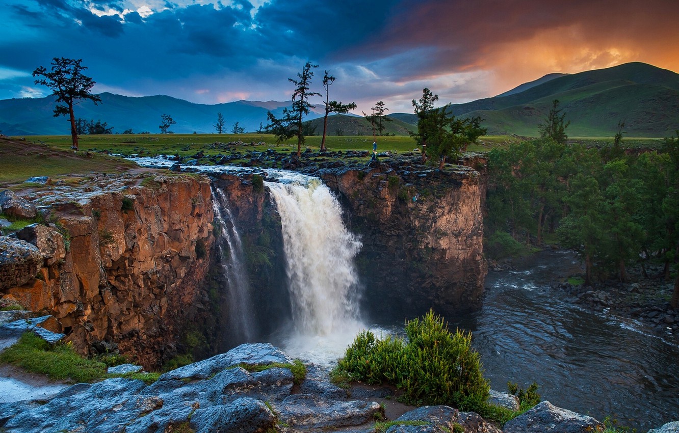 Wallpaper the sky clouds trees sunset mountains clouds nature river waterfall mongolia images for desktop section ððµðð