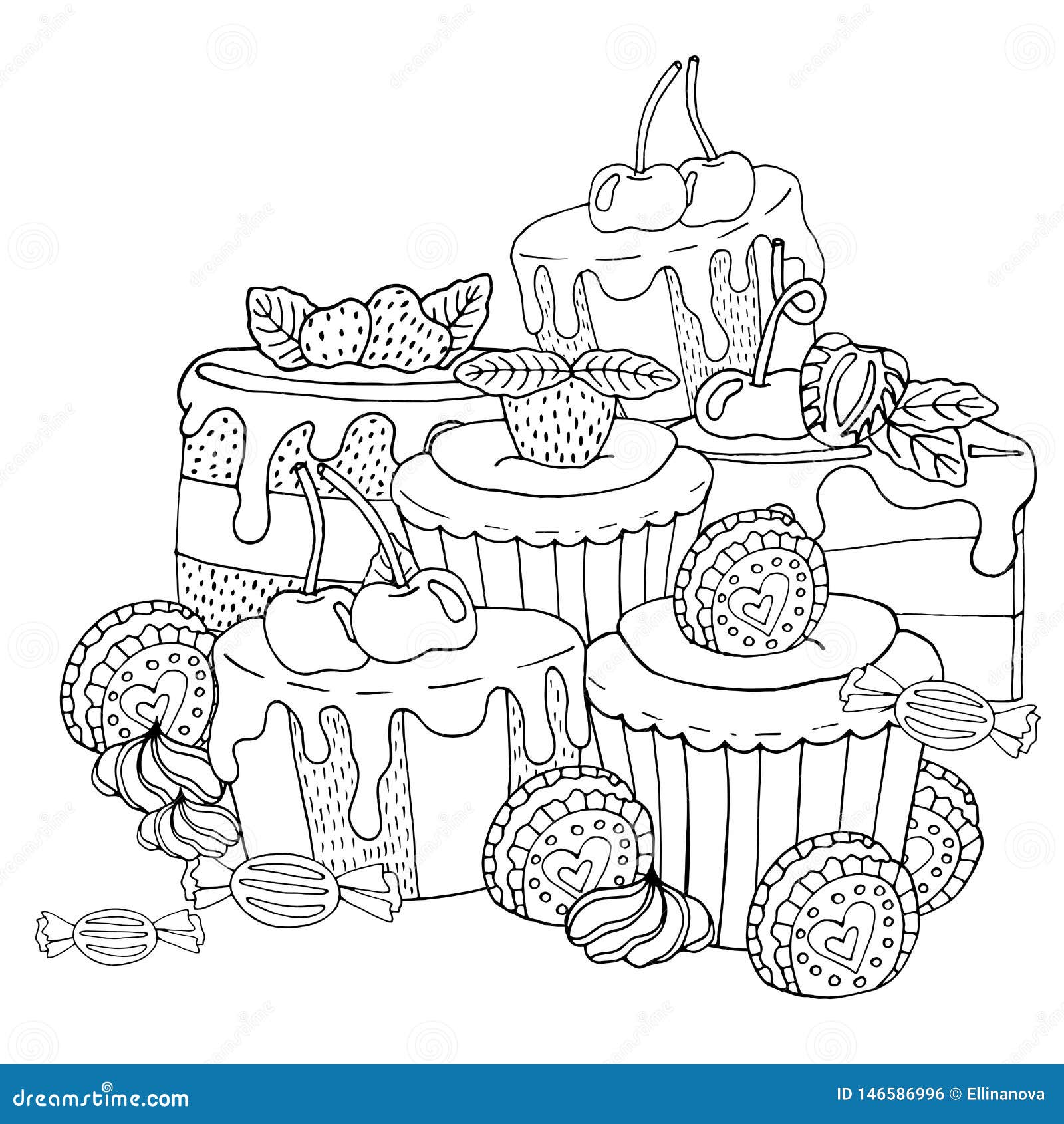 Coloring page with cake cupcake candy and other dessert with berry stock vector