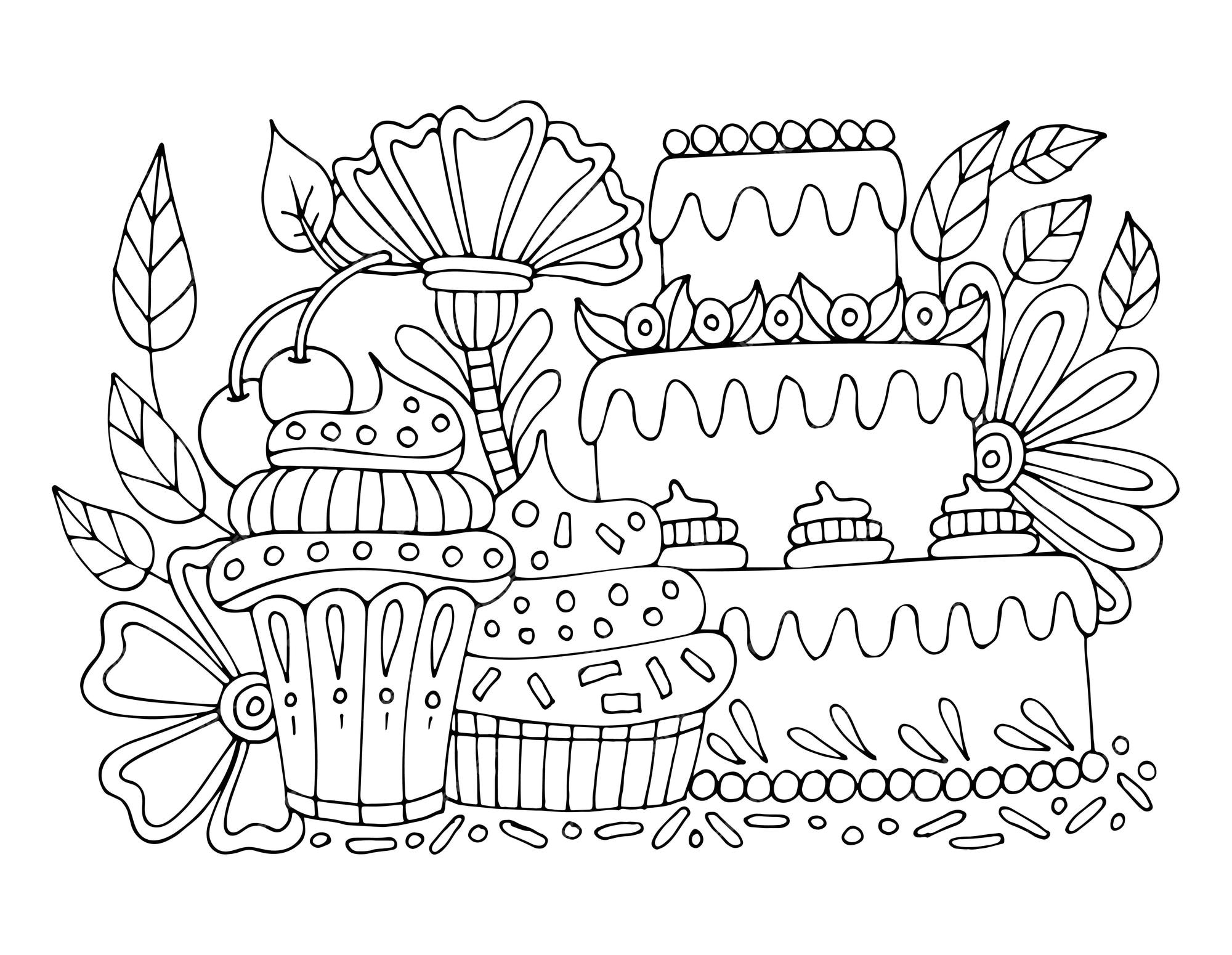 Premium vector cupcake coloring page sweet cake with cream festive dessert floral pattern hand drawn vector line drawing coloring book for children and adults black and white sketch