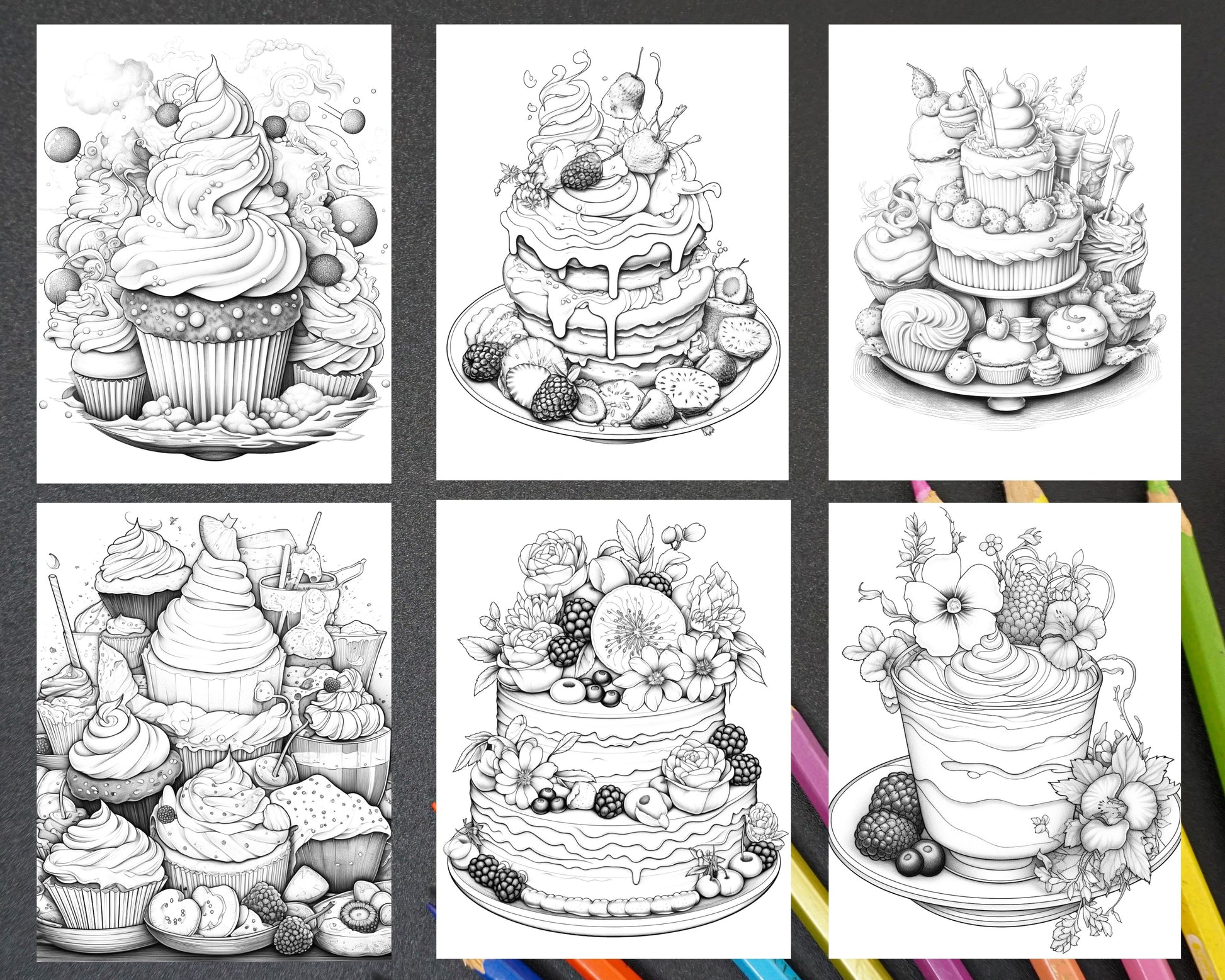 Sweet desserts coloring pages printable for adults grayscale color â coloring