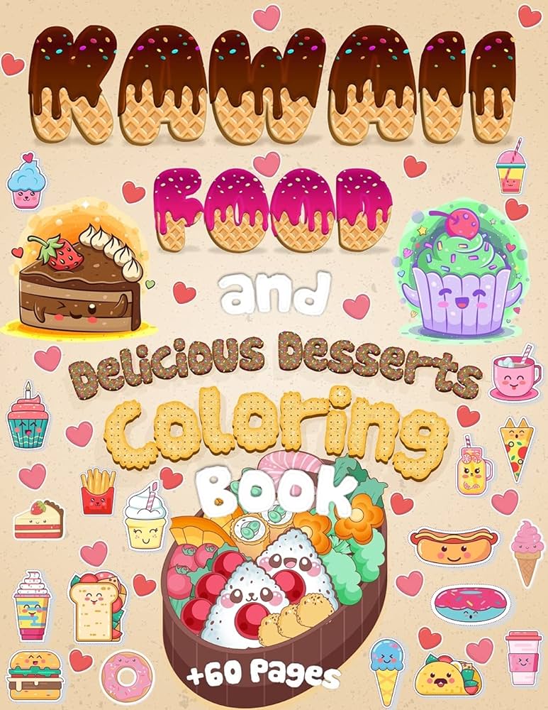 Kawaii food and delicious desserts by coloring book happy