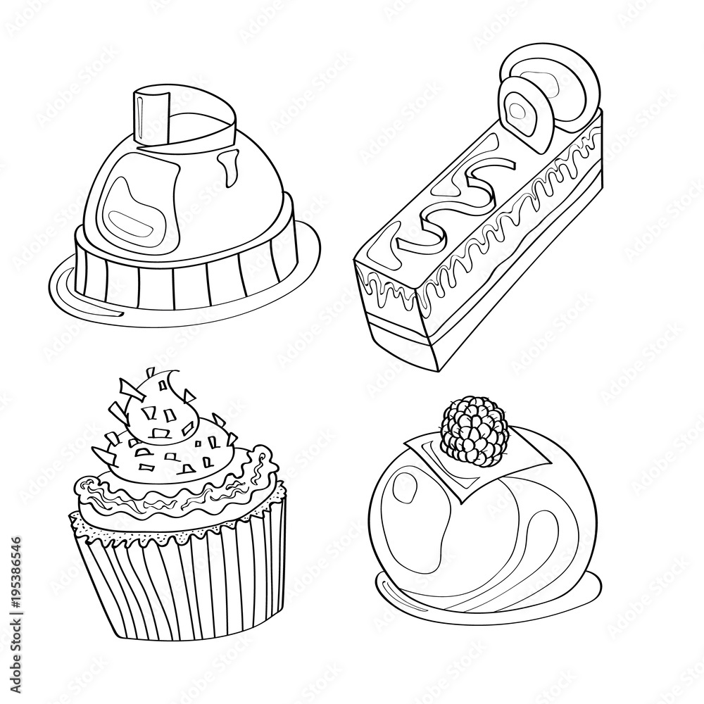 Coloring picture coloring page with cupcakes desserts sweets and mousse vector