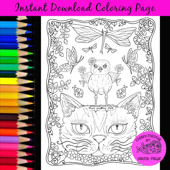 Chat et la page de coloriage de poussin tãlãchargement instantanã impression et couleur page de coloriage numãrique coloration de pãques