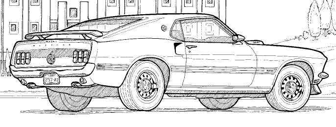 Detailed line drawings muscle cars