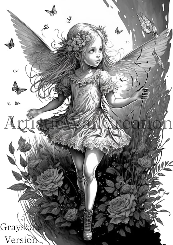 Fairy coloring page enchanted fairy girl delicate fairy girl springsummer coloring sheet lightdark greyscale pdfpng download