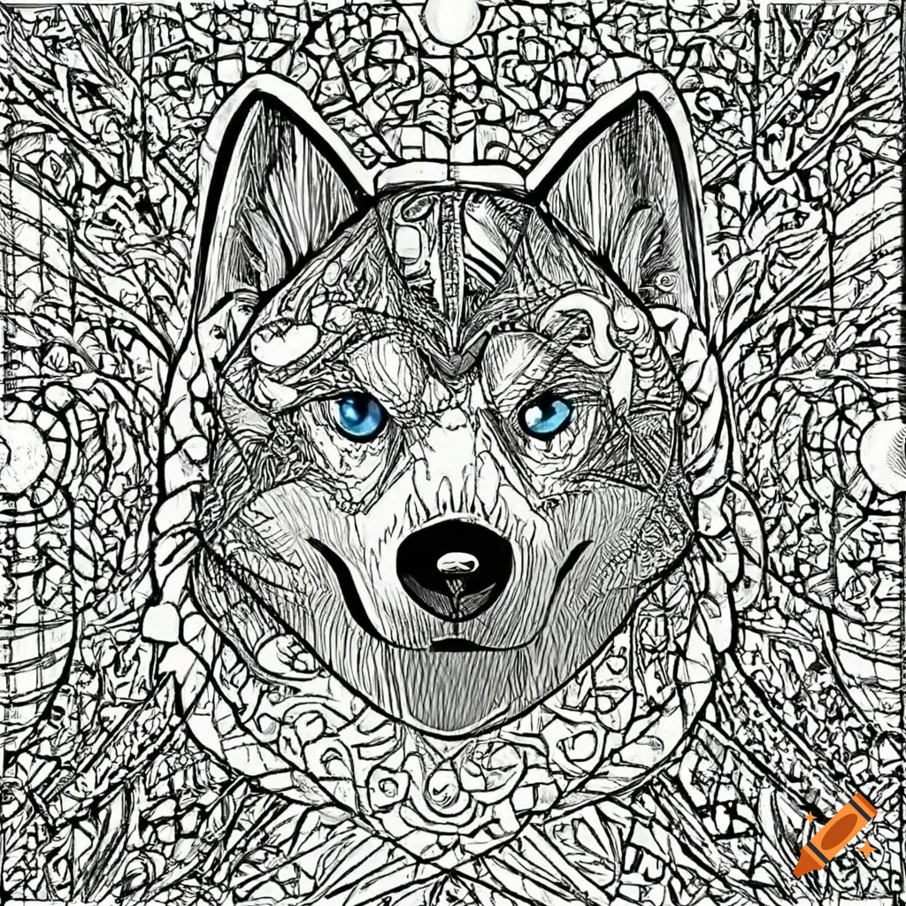 Imagine promptcoloring pages for adults coloring pages for adults siberian husky in the style of cartoon thin lines high detail galactic stars background black and white