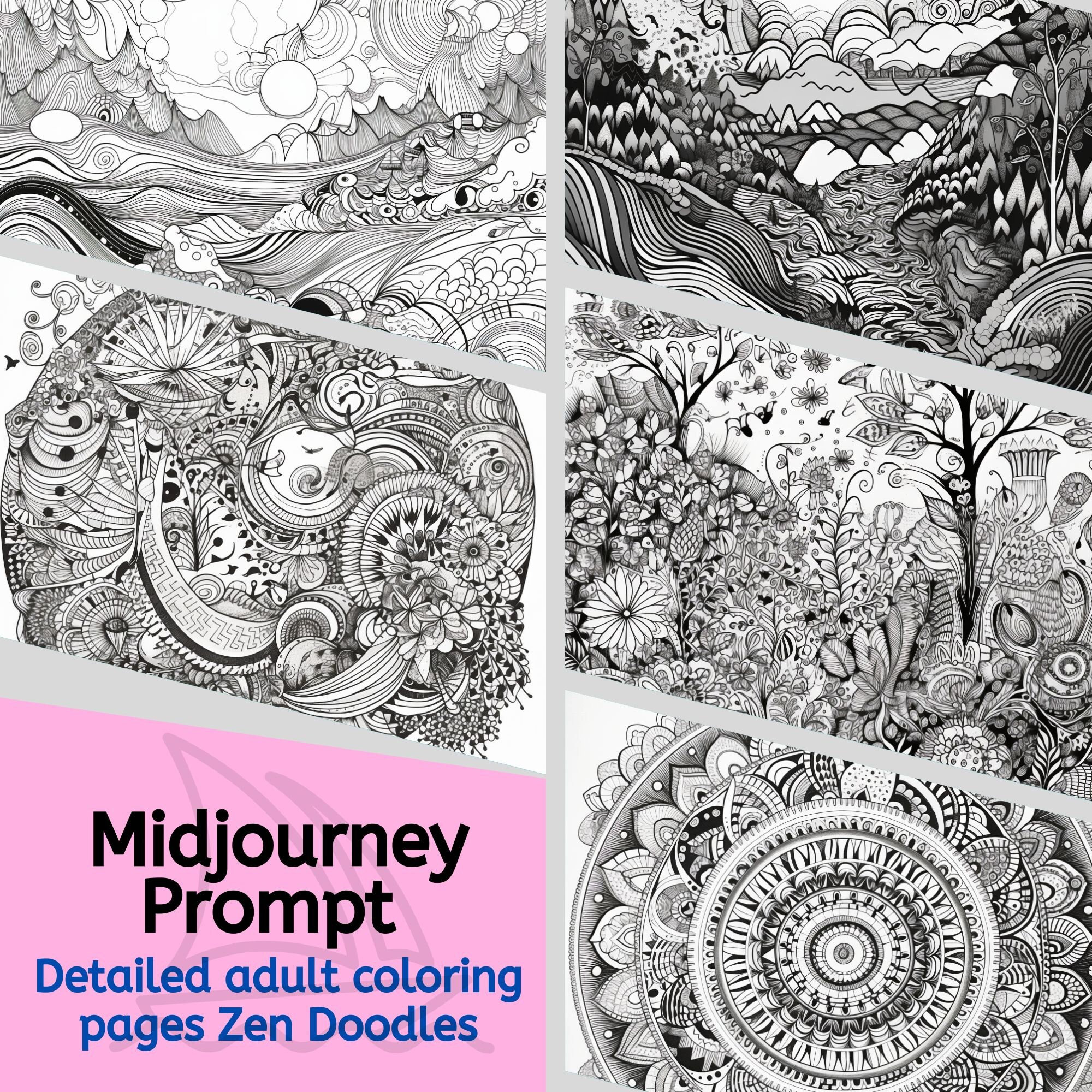 Detailed zen doodle adult coloring pages midjourney prompts professional digital ai generated art colouring book instant download