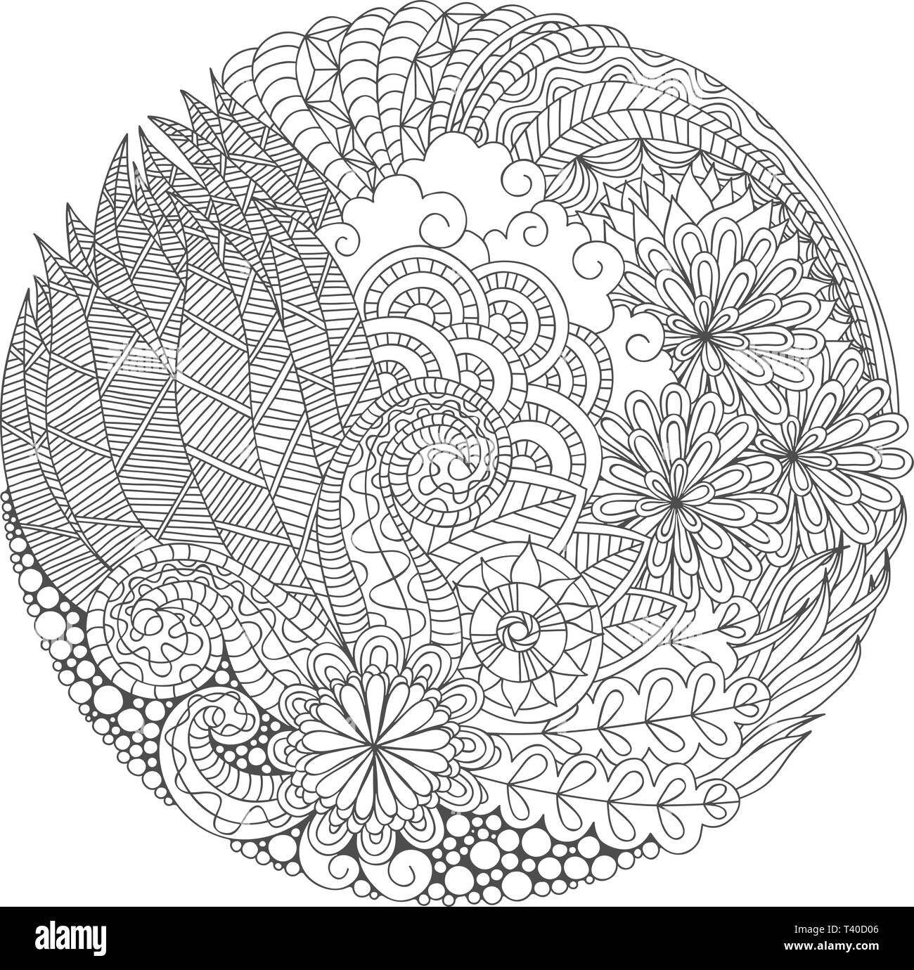 Coloring page with hand drawn round detailed floral position for adult anti stress meditation stock vector image art