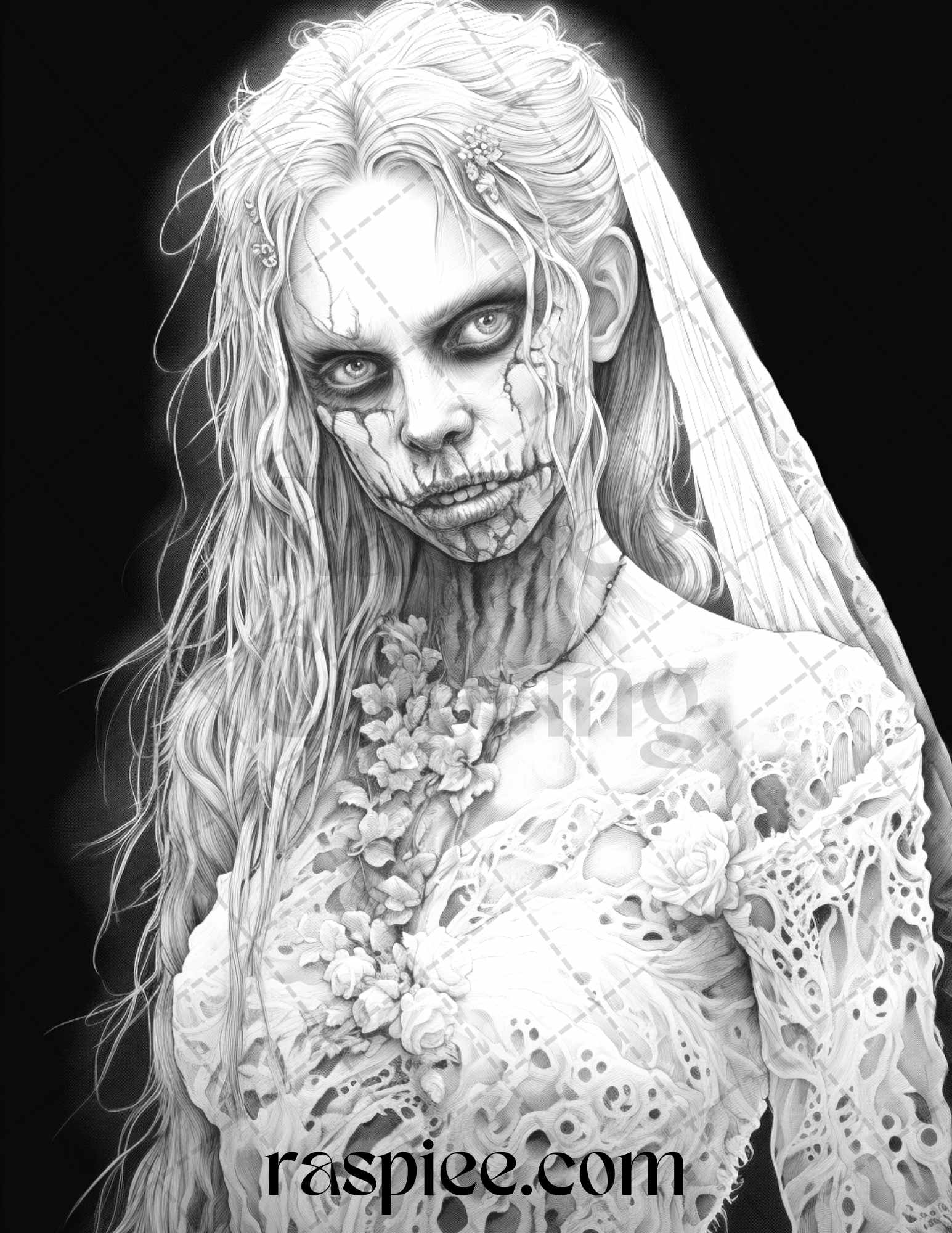 Zombie bride grayscale printable coloring pages for adults halloween â coloring