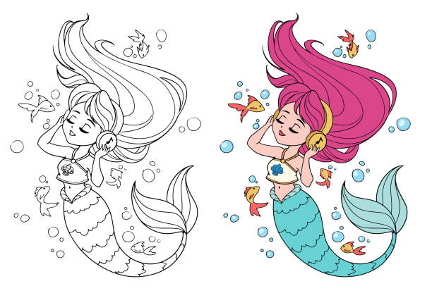 Cute little mermaid with long hair and wearing a tshirt listen to music stock illustration