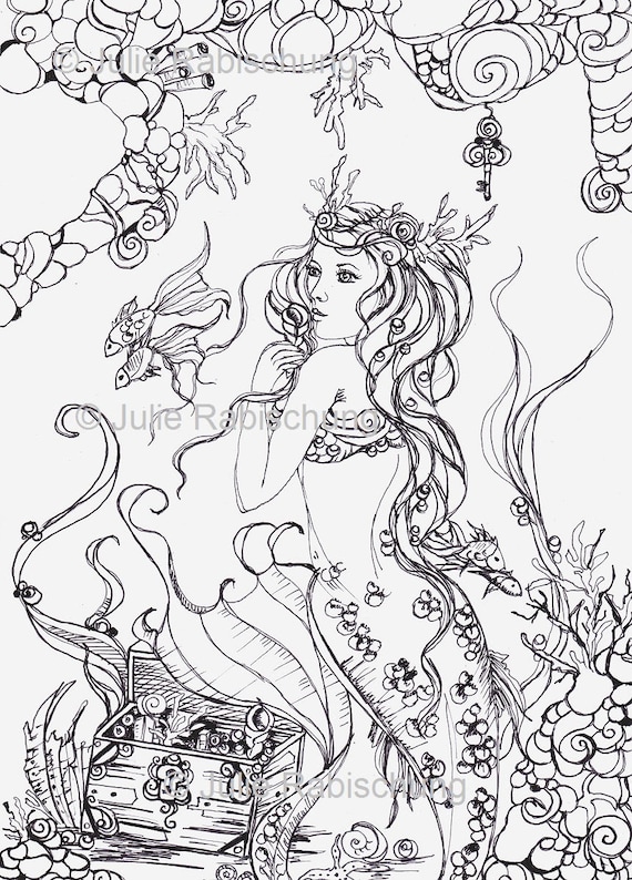 Mermaid coloring page adult coloring mermaid coloring page lineart coloring book download scrapbooking digital stamp card making instant download