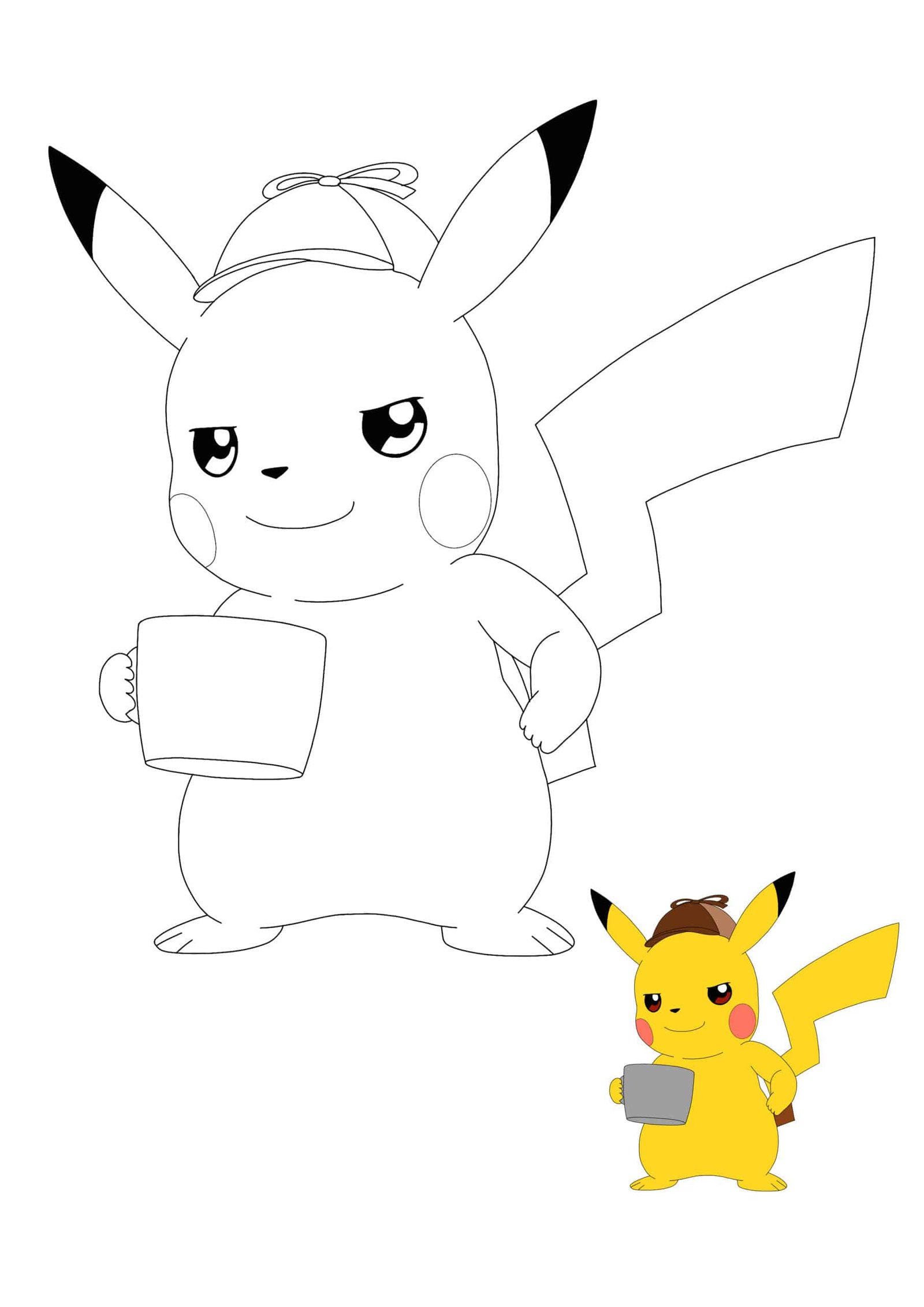 Detective pikachu drinks coffee coloring pages