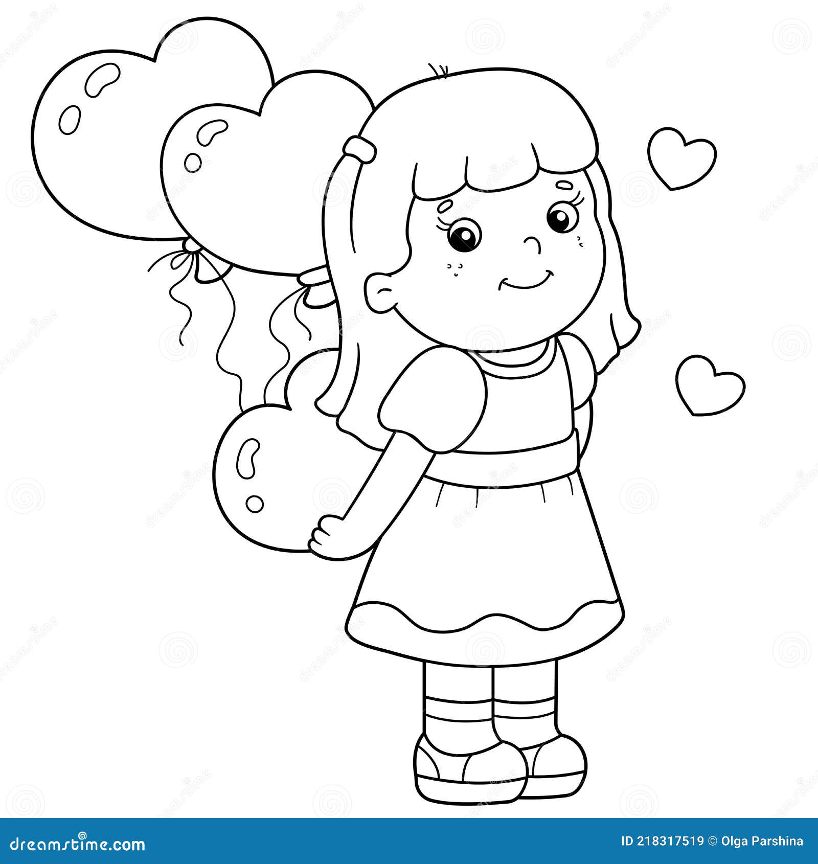 Coloring page outline of cartoon girl with heart and balloons valentines day stock vector