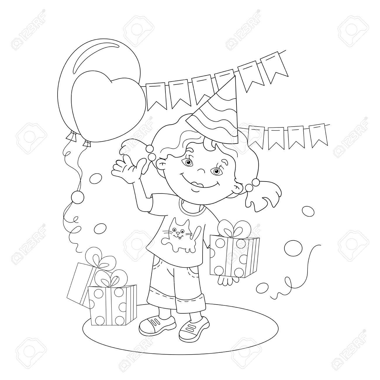 Coloring page outline of cartoon girl with a gift at the holiday coloring book for kids royalty free svg cliparts vectors and stock illustration image
