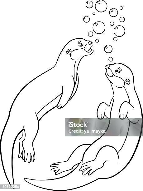 Coloring pages two little cute otters swim stock illustration