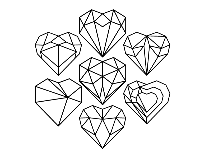 Printable geometric hearts coloring page