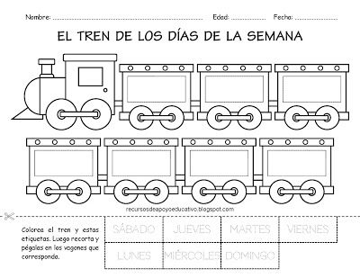 Recursos de apoyo educativo el tren de los dãas de la semana actiâ hojas de trabajo de la escuela clases de espaãol pa preescoles actividades de enseãanza