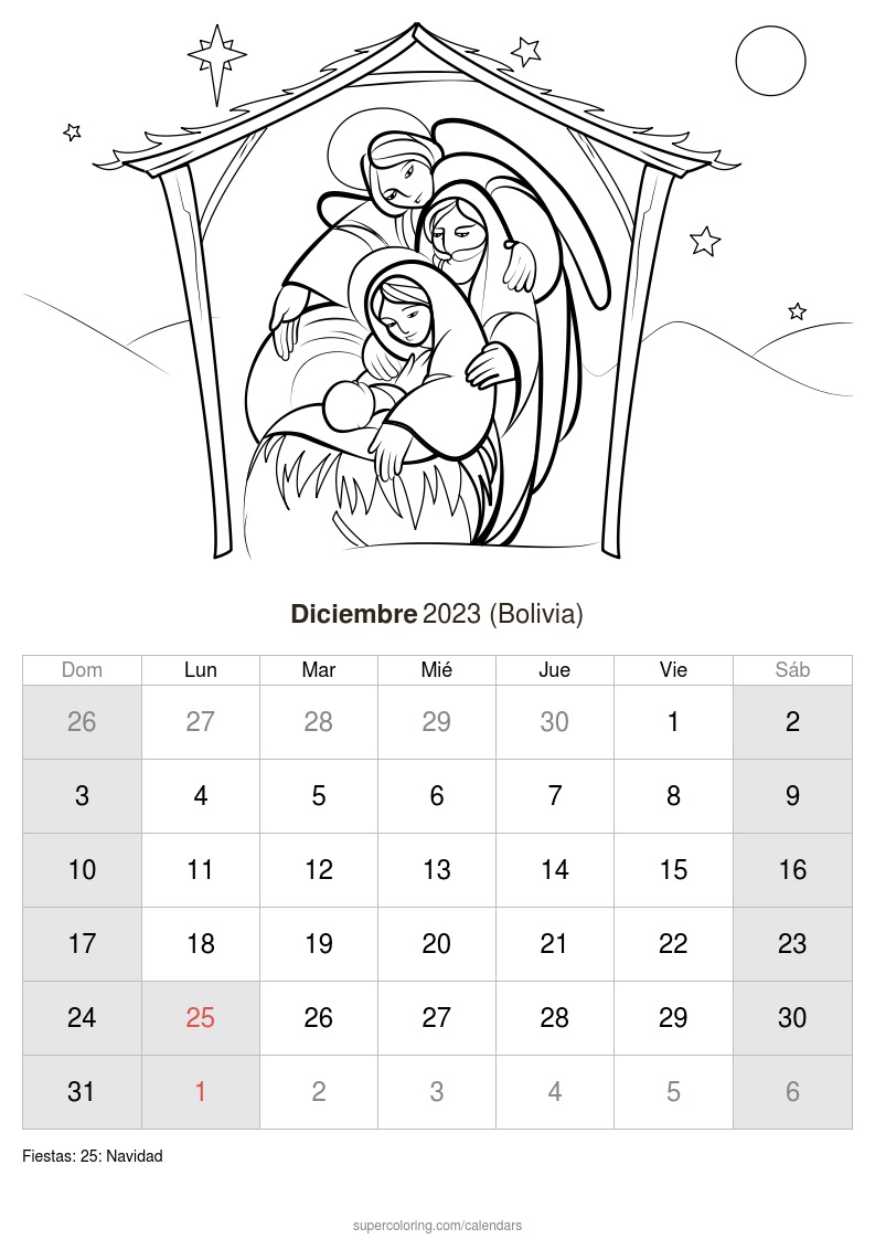 Calendario diciembre para imprimir bolivia