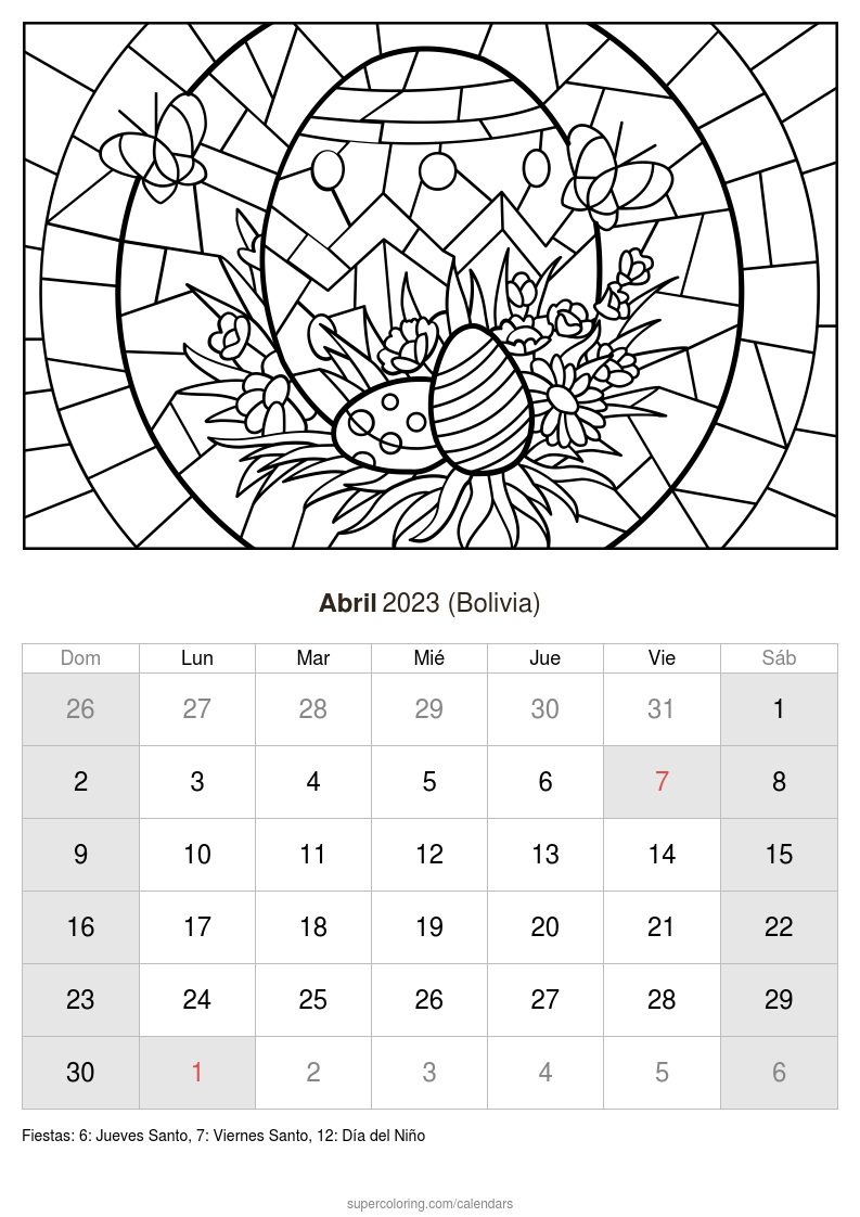 Calendario abril para imprimir bolivia