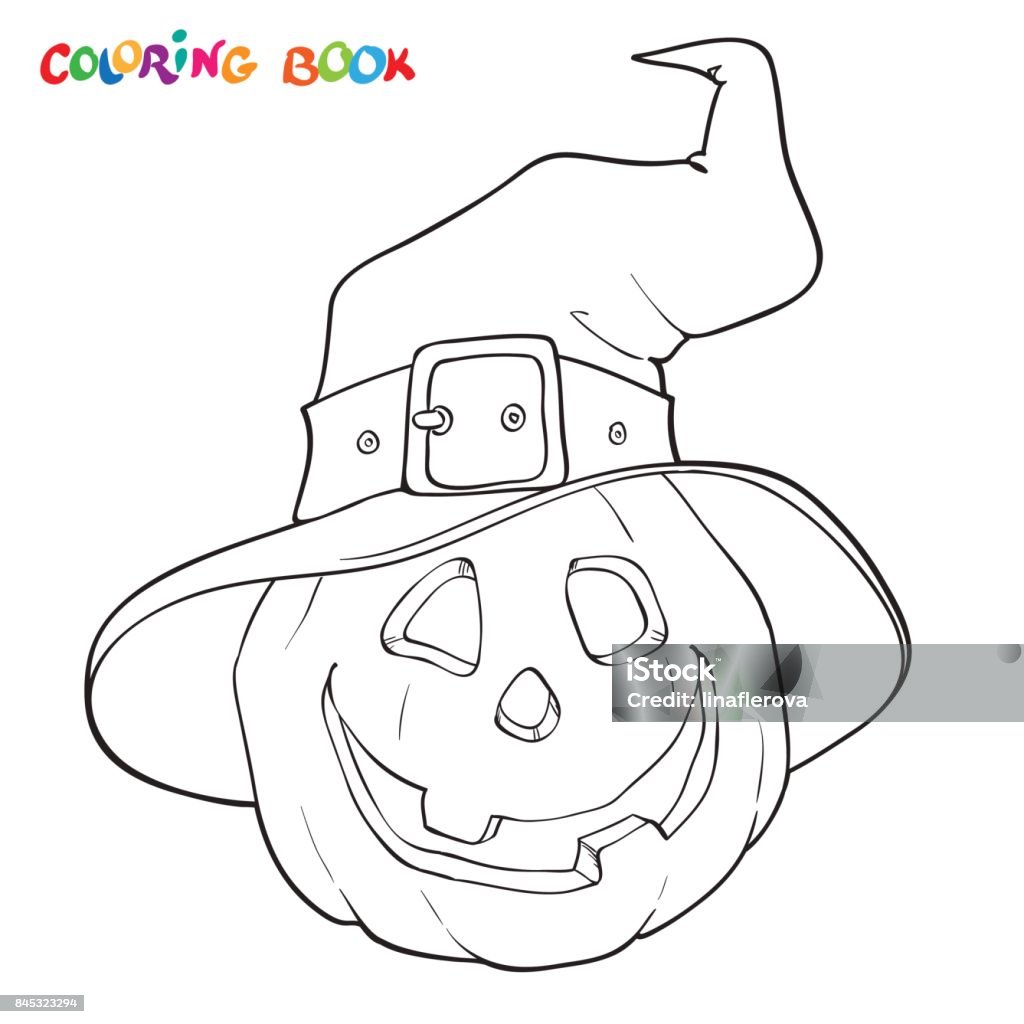 Halloween coloring book pumpkin in the hat stock illustration