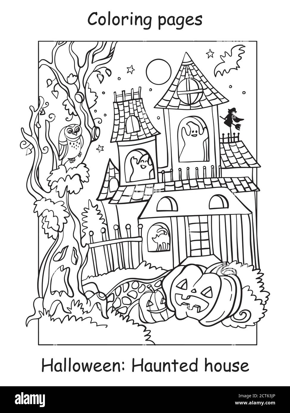 Vector colorear pãginas gracioso casa encantada con calabaza concepto de halloween ilustraciãn de contorno de dibujos animados aislada sobre fondo blanco libro para colorear fo imagen vector de stock