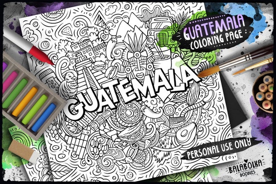 Pãgina para colorear digital de guatemala viajes de cultura maya para colorear para adultos ilustraciãn de garabatos del paãs caribeão hoja para colorear imprimible pdf