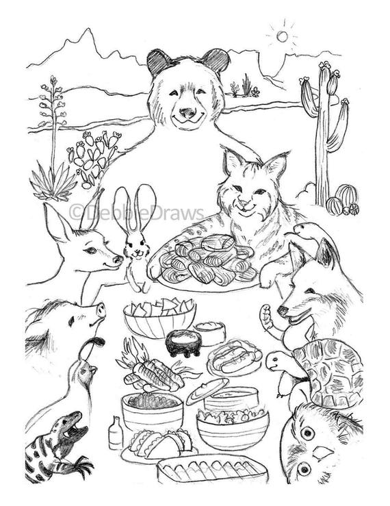 Sonoran desert thanksgiving coloring pages inspired by norman rockwell instant download