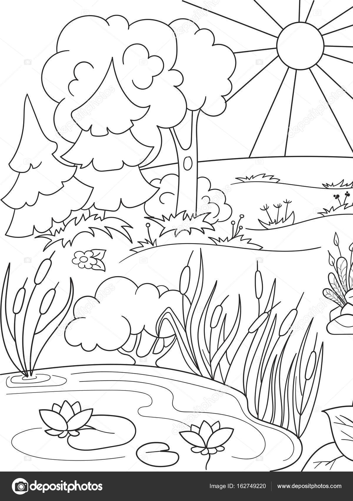 Dibujos animados para colorear libro blanco y negro naturaleza glade en el bosque con plantas vector de stock por toricheksgmail