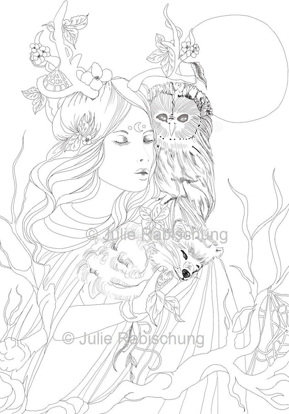 Mother nature coloring pagepagannaturemother earthowlfoxforestmoonprintable coloring pageadult coloringinstant download