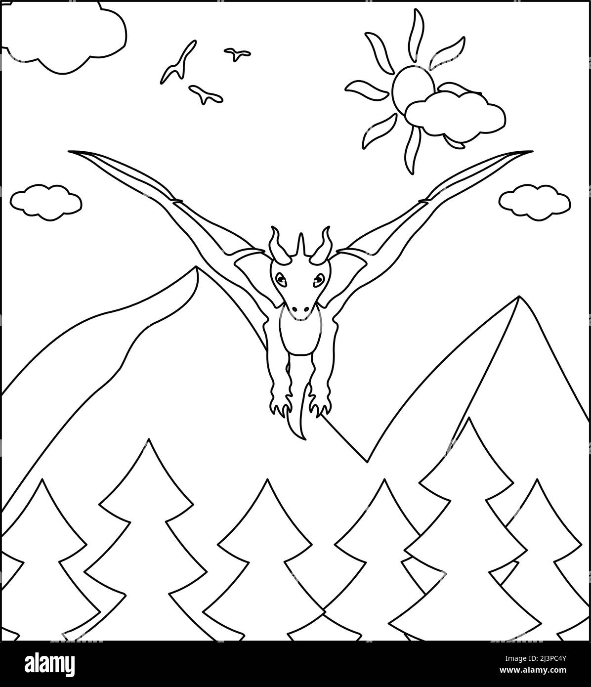 Dragon coloring page dragãn de la cute con la naturaleza hierba verde ãrbol sobre fondo vector negro y blanco pãgina para colorear imagen vector de stock