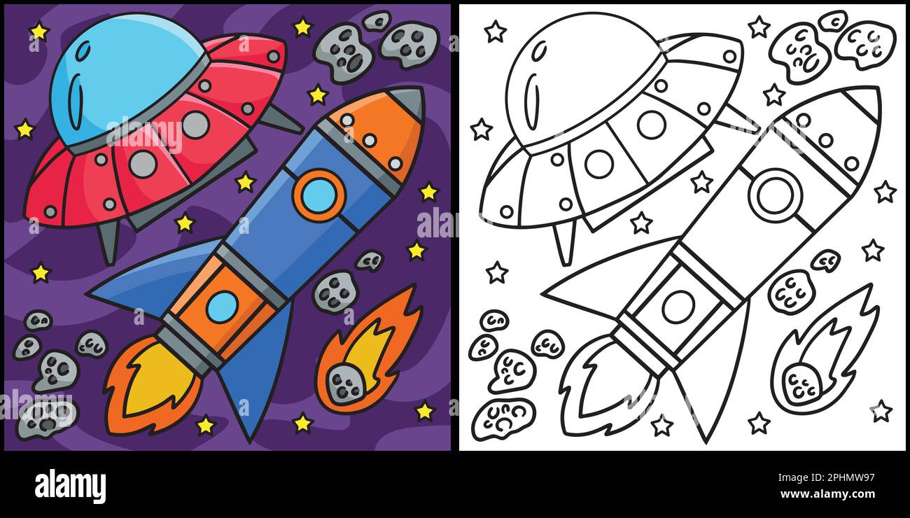 Ufo y nave de cohete en el pacio para colorear ilustraciãn imagen vector de stock