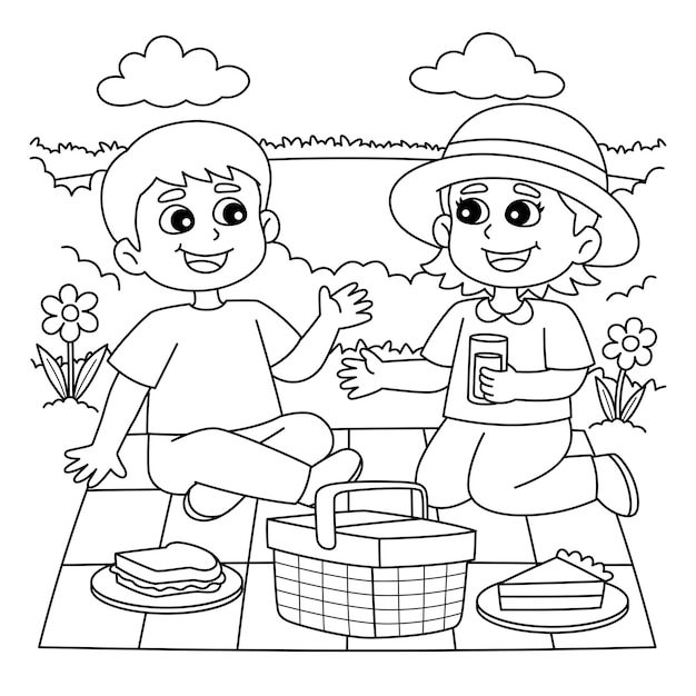 Niãa y nião de primavera haciendo un picnic pãgina para colorear vector premium