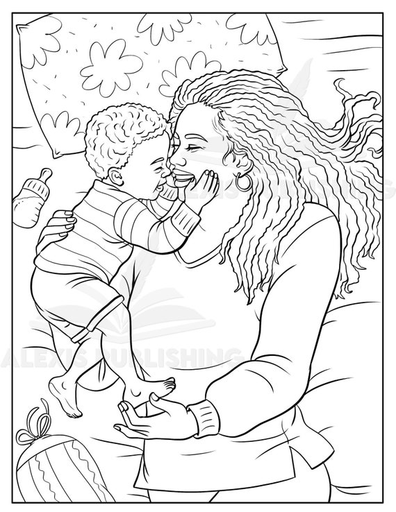 Dibujo para colorear ilustraciãn de una hermosa familia negra pãgina imprimible para aliviar el estrãs y la relajaciãn descarga digital