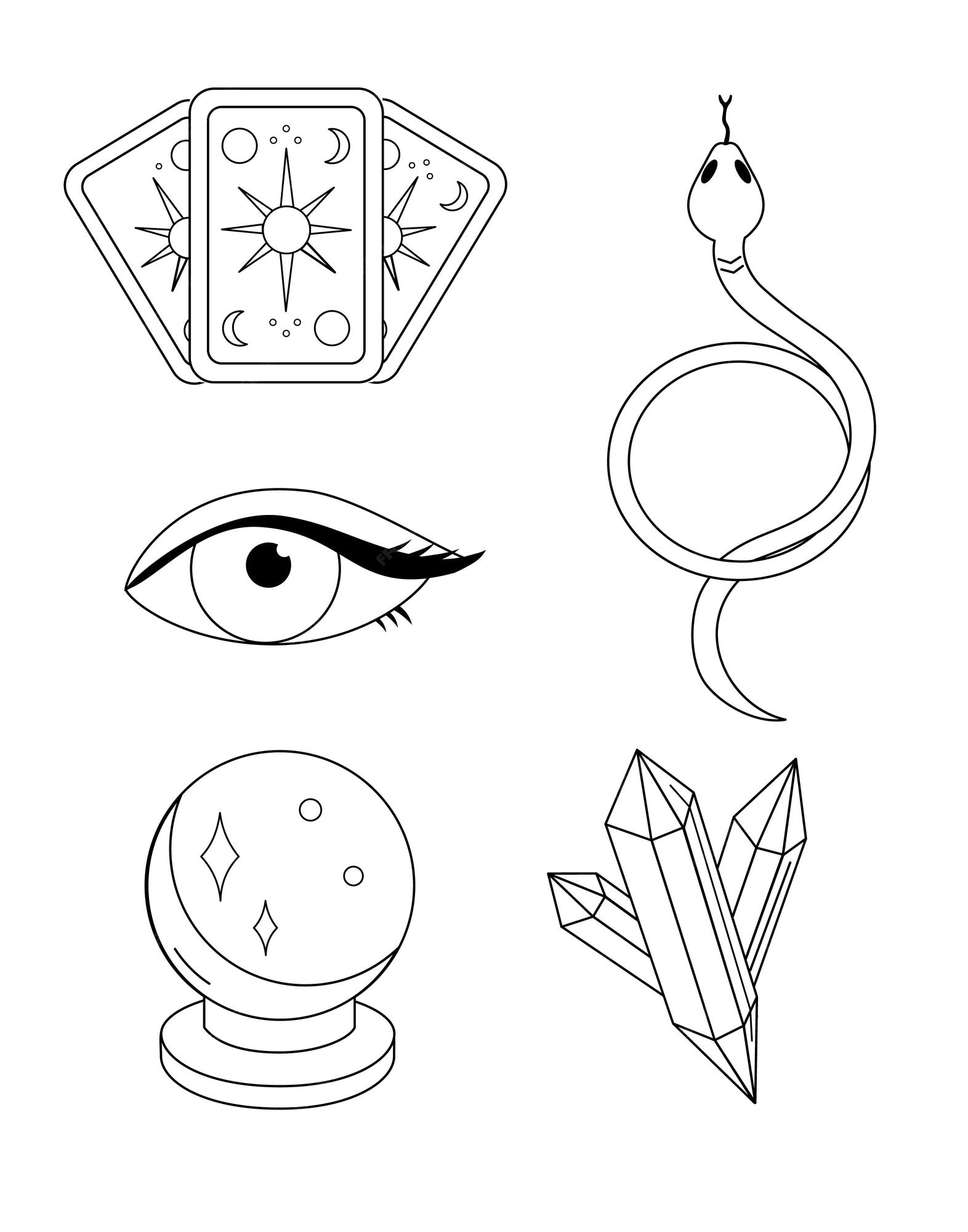 Dibujo de contorno cartas del tarot bola mãgica ojo humano serpiente cristal vector premium