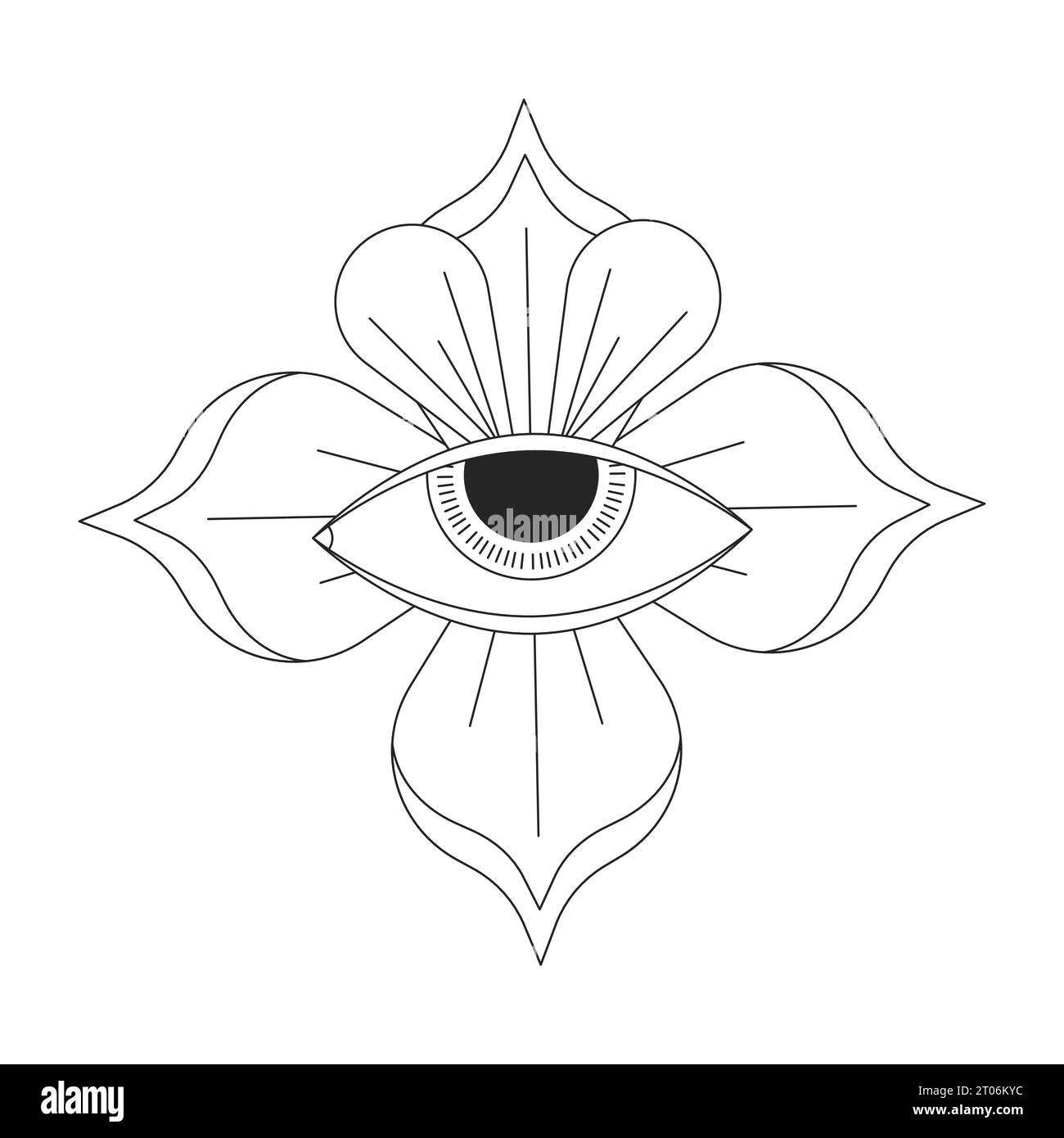 Cuatro pãtalos afilados flor con ojo humano blanco y negro d lãnea objeto de dibujos animados imagen vector de stock