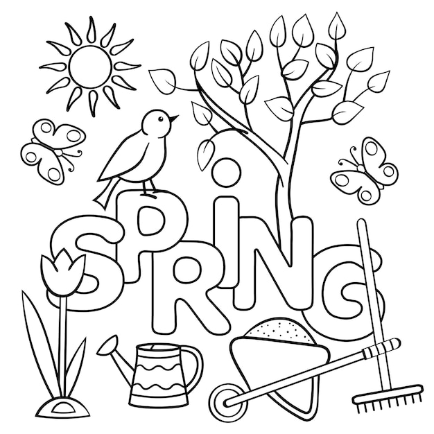 Premium vector coloring page with the word spring