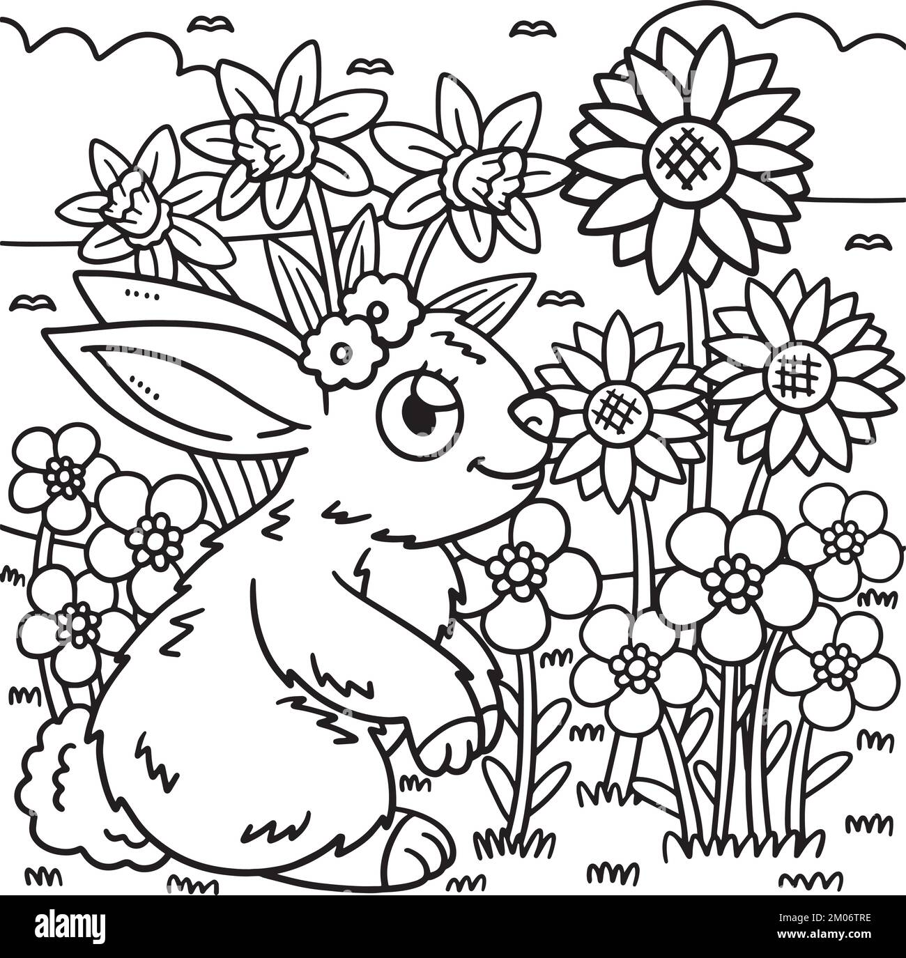 Spring rabbit and flowers coloring page for kids stock vector image art