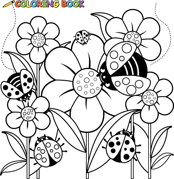 Coloring book page ladybugs and flowers stock illustration