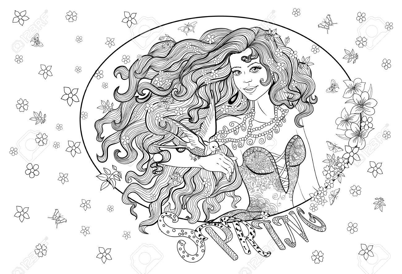 Coloring page for adults with girl