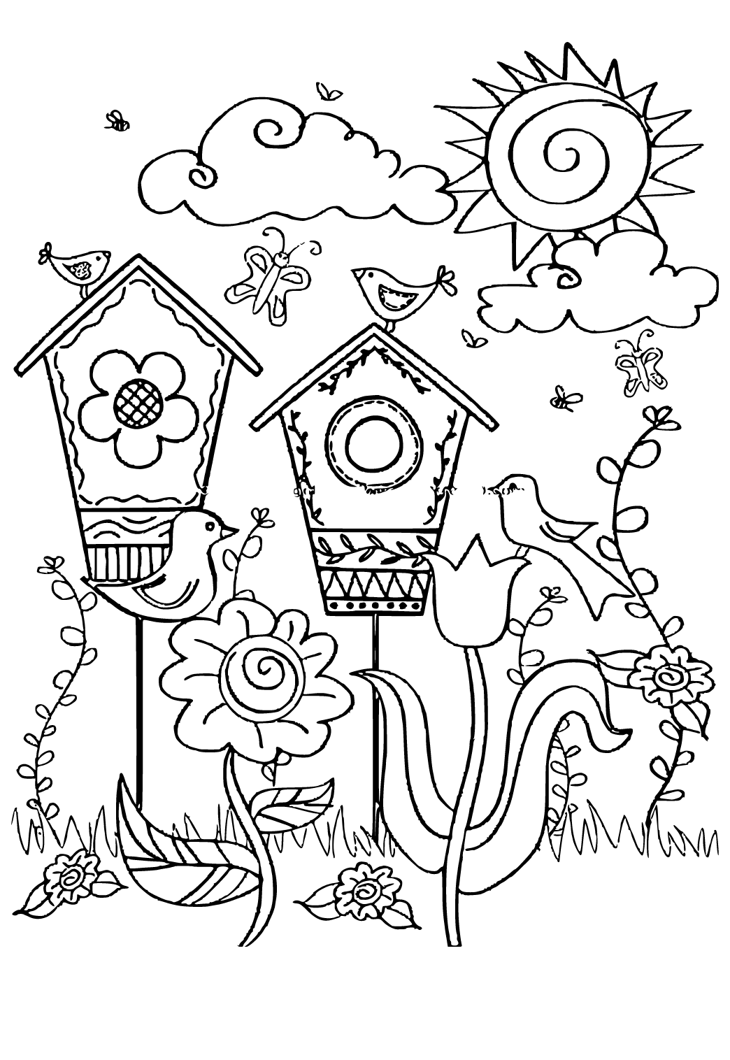 Free printable spring birds coloring page for adults and kids