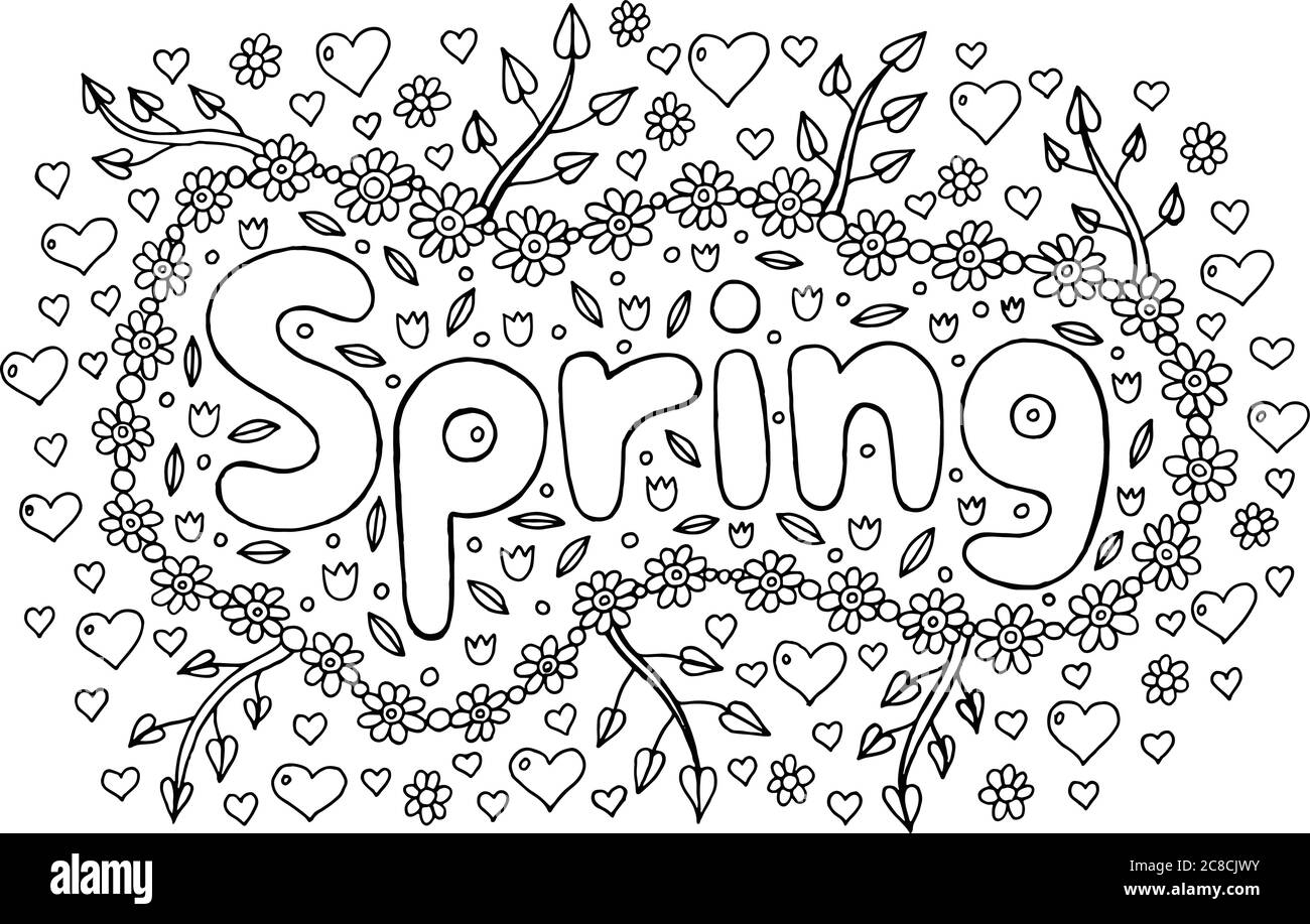 Coloring page for adults with mandala and spring word doodle le stock vector image art