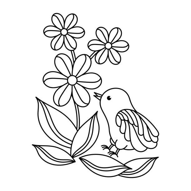 Coloring book page for children cute birds and flowers vector illustration stock illustration