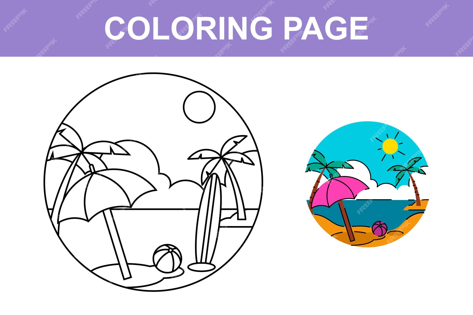 Premium vector happy summer beach holiday coloring page for kids activity