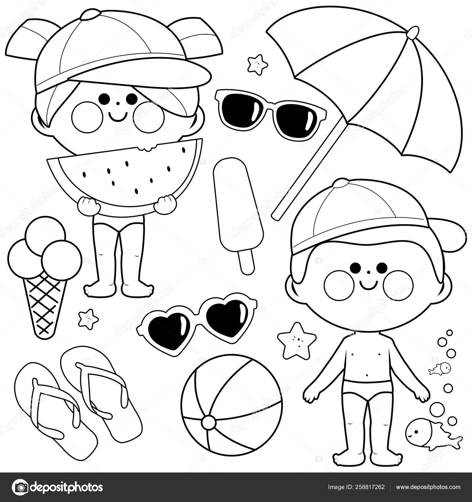 Niãos con trajes de baão y sombreros playa verano vacaciones elementos de diseão libro para colorear en blanco y negro vector de stock por stockakia