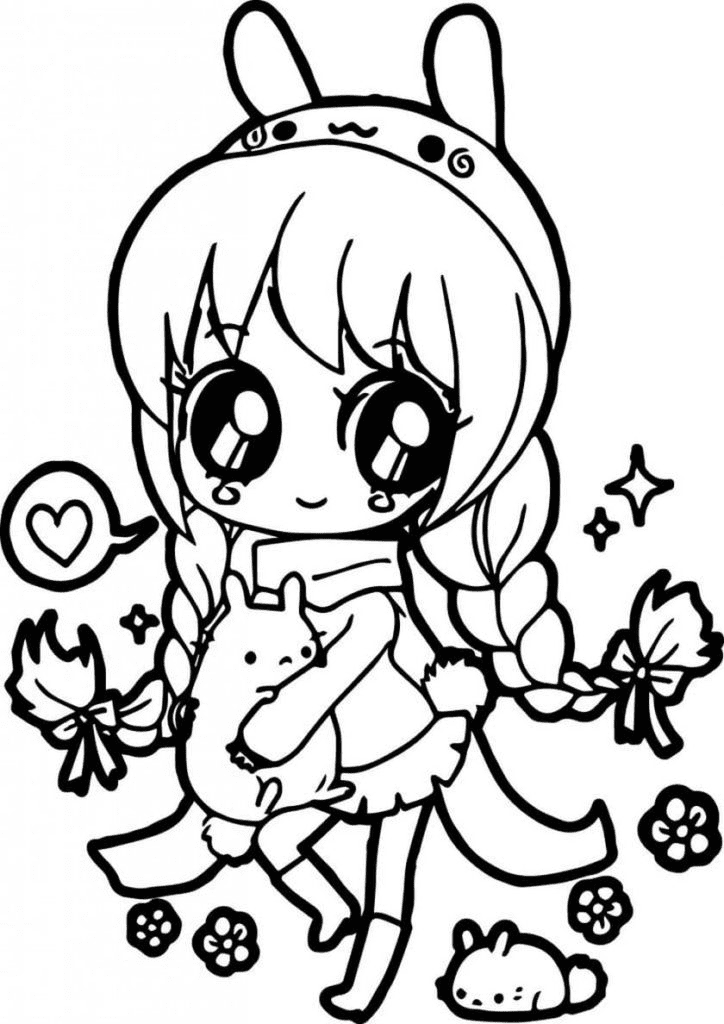 Kawaii anime girl with ears coloring page