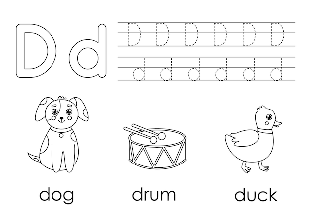 Premium vector learning english alphabet for kids letter d coloring book