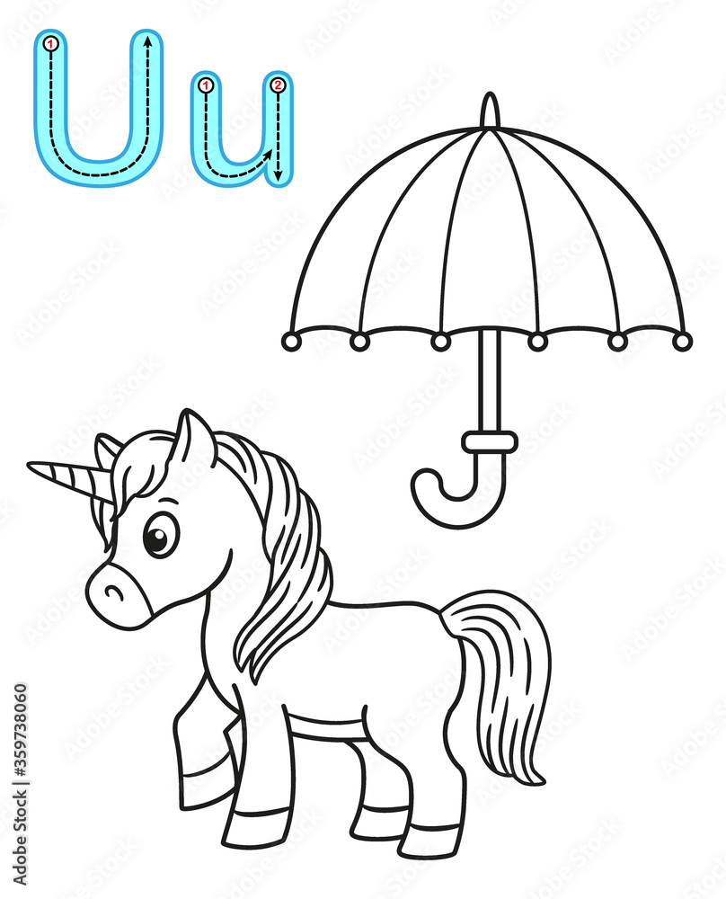 Printable coloring page for kindergarten and preschool card for study english vector coloring book alphabet letter u umbrella unicorn vector de