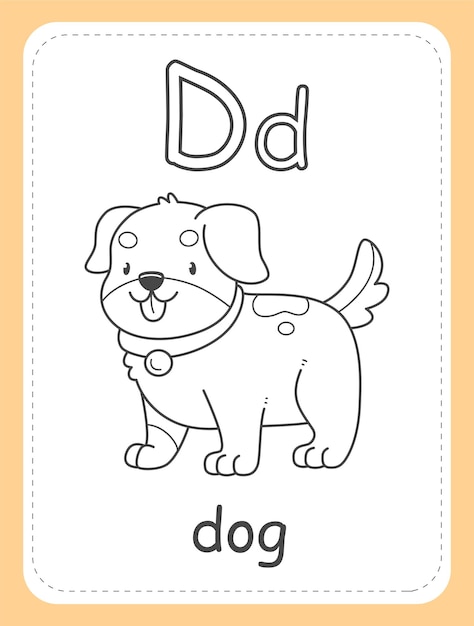 Premium vector alphabet coloring book card for children with the letter d and a dog word dog english alphabet
